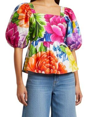 Farm Rio Chita Floral Peplum Top Puff Sleeve Square Neck XS